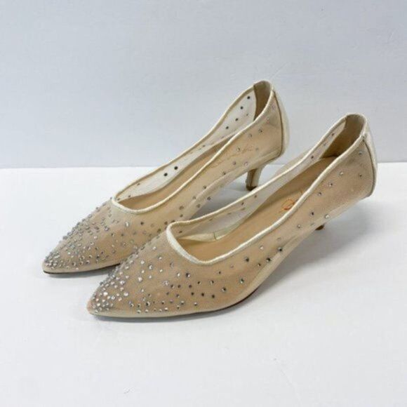 XYD Women Mid Kitten Heels Pumps Rhinestones Mesh Slip On Pointed Toe Evening Dr - Picture 4 of 7